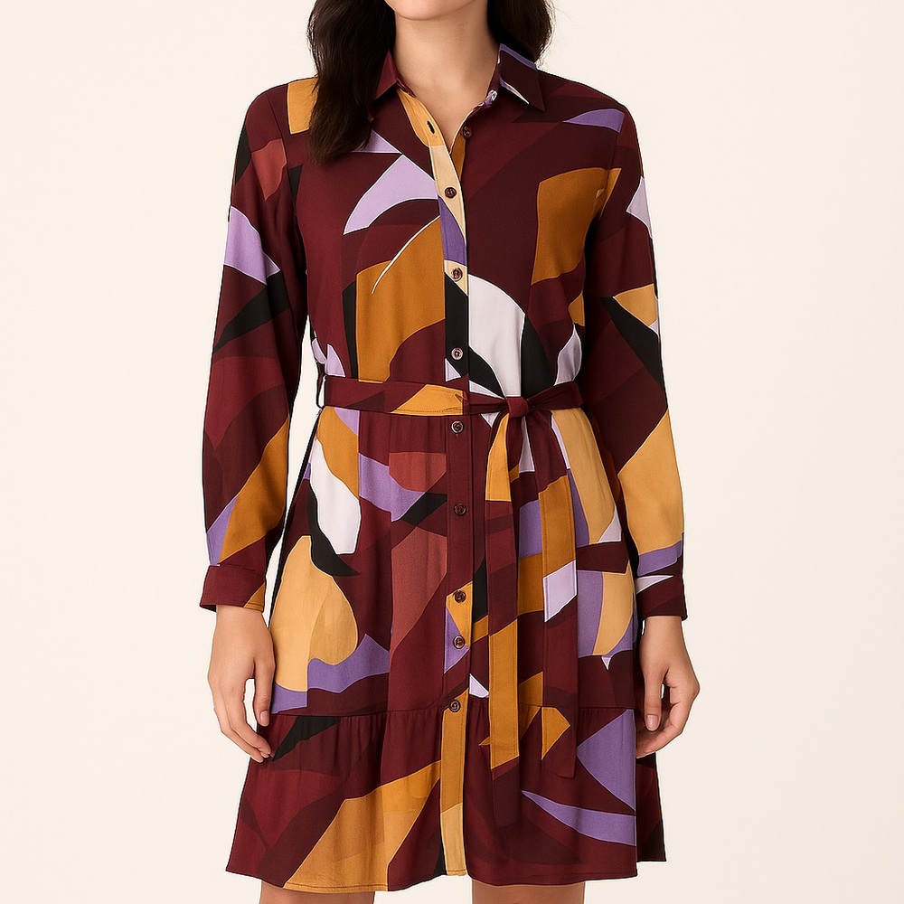Abstract Print Burgundy Shirt Dress with Tie Waist